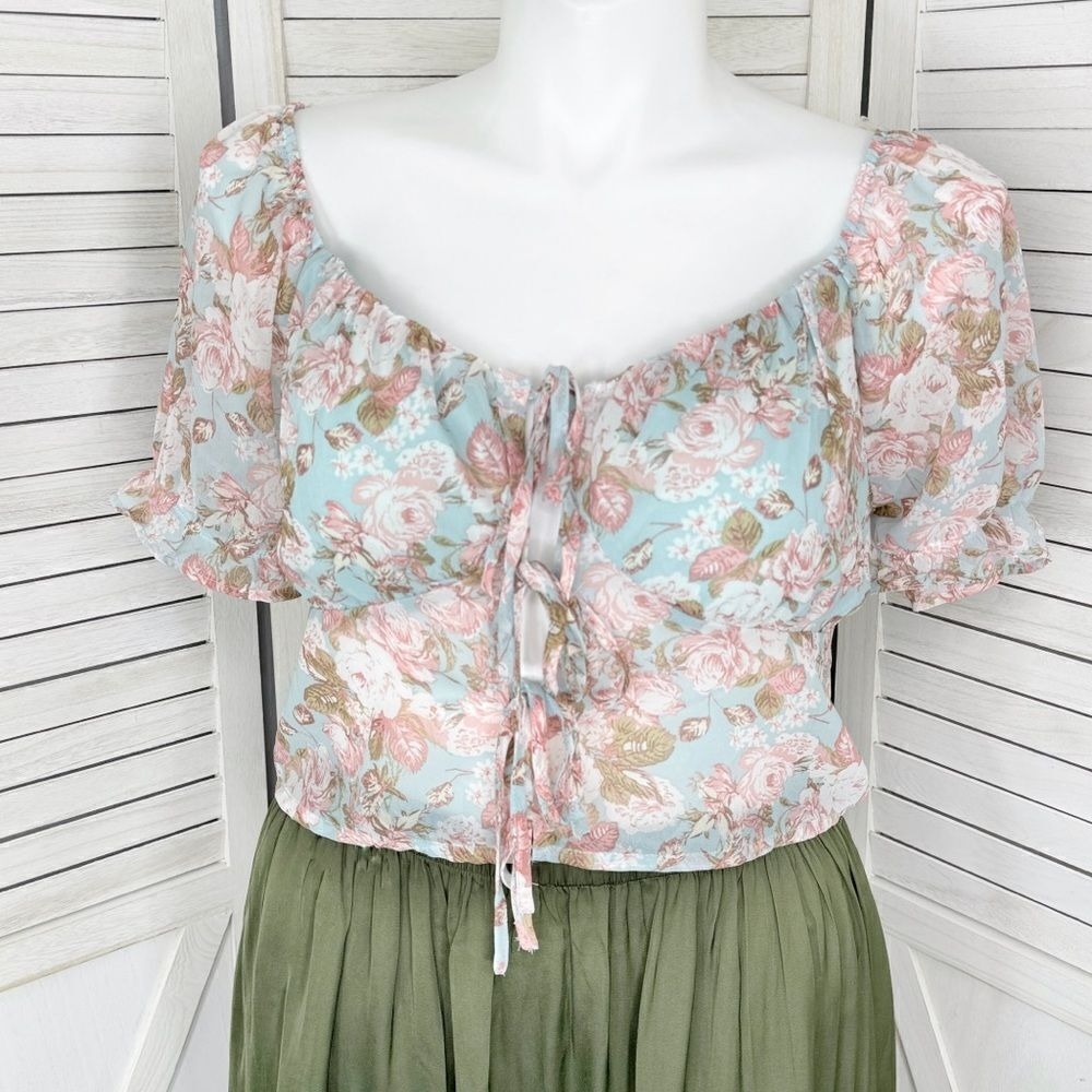 Coquette Sheer Floral Chiffon Tie Front Crop Blouse Blue Pink 1XL Puff Sleeve